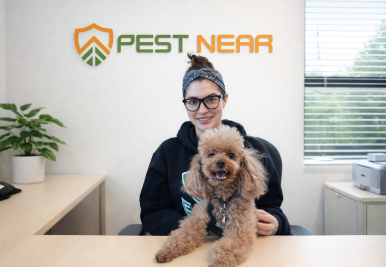 Pest Near Office staff with a friendly dog