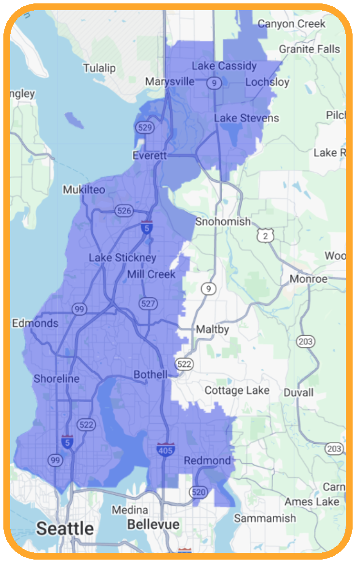 Pest Near service area map including Everett, Marysville, Lynnwood, and Snohomish County.