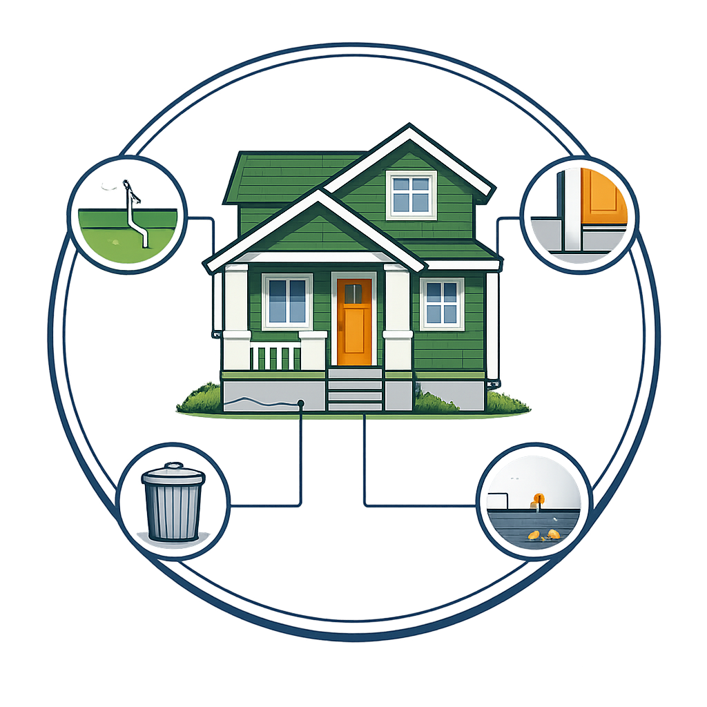 Integrated Pest Management (IPM) diagram showing residential exclusion and prevention steps.