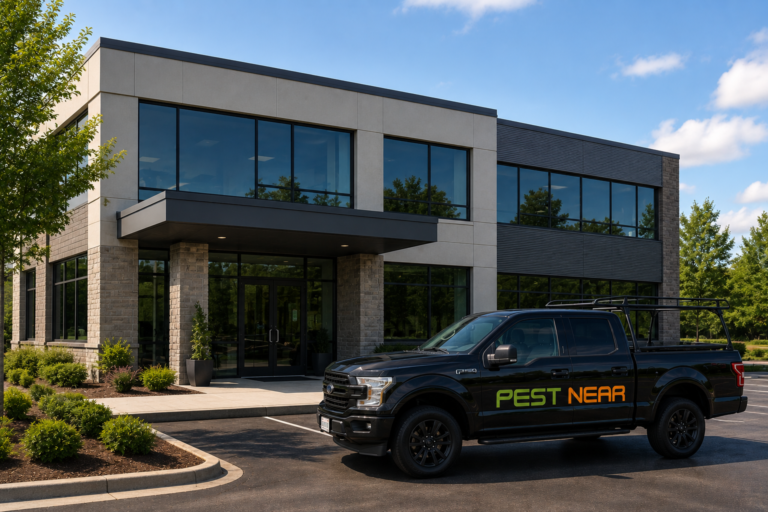 Pest Near commercial pest control truck parked outside a modern office building