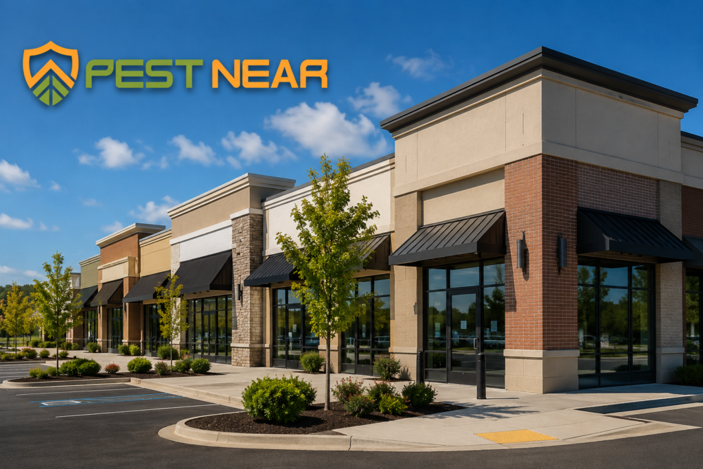 Commercial pest control services in Snohomish WA by Pest Near featuring a modern retail plaza and storefront buildings.