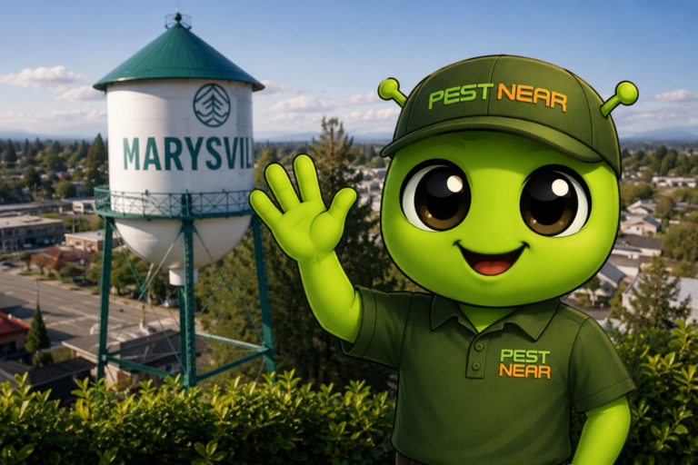 Pest Near mascot waving in front of the Marysville water tower in Marysville WA