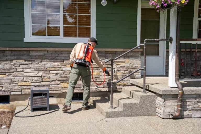 Pest Near technician applying exterior pest control treatment at a residential property in Snohomish County WA