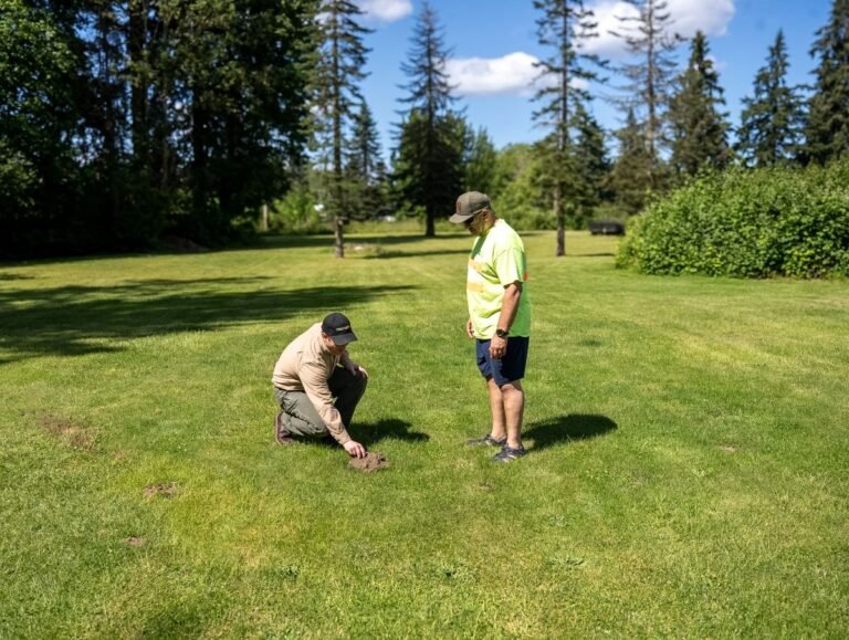 Pest Near Technician and customer inspecting Mole activity in their yard